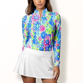 Women's Golf Polo Shirt Light Green Blue Green Long Sleeve Sun Protection Top Floral Fall Winter Ladies Golf Attire Clothes Outfits Wear Apparel