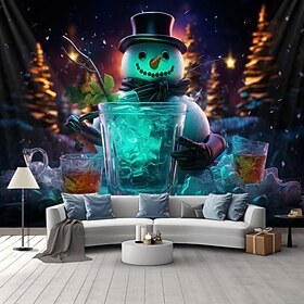Christmas Blacklight Tapestry UV Reactive Glow in the Dark Snowman Xmas Trippy Bar Misty Hanging Tapestry Wall Art Mural for Living Room Bedroom