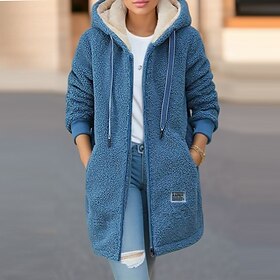 Women's Sherpa Jacket Fleece Teddy Coat Hooded Winter Coat with Pockets Thermal Warm Heated Jacket Fall Drawstring Zip up Comtemporary Stylish Plush Jacket Lon