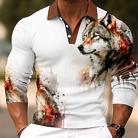 Men's Polo Shirt Golf Shirt Animal Wolf Graphic Prints Turndown Blue-Green Wine Blue Brown Green Outdoor Street Long Sleeve Print Clothing