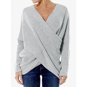 Women's Pullover Sweater Jumper V Neck Ribbed Knit Cotton Blend Criss Cross Fall Winter Regular Outdoor Daily Going out Stylish Casual Soft Long Sleeve Solid C