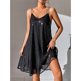 Women's Mini Dress Black Dress Sequin Dress Party Dress Cocktail Dress Fashion Party Hot Winter Dress Vacation Wedding Guest Slim Pure Color Sleeveless Spaghet