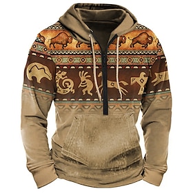 Buffalo Print Hoodie Mens Graphic Color Block Tribal Prints Daily Ethnic Casual 3D Zip Holiday Going Out Streetwear Hoodies Bronze Dark Gre