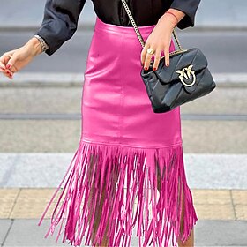 Women's Skirt Midi Fringed Faux Leather Black Rose Red Light Blue Skirts Fall Winter Tassel Fashion Casual Street Daily S M L