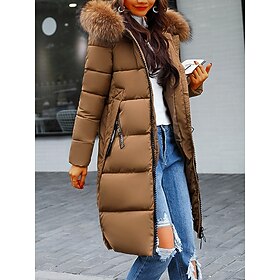 Women's Parka Long Puffer Jacket Winter Coat Zip up Hooded Coat with Fur Collar Thermal Warm Heated Coat Fall Brown Maillard Outerwear with Pockets Warm Classi
