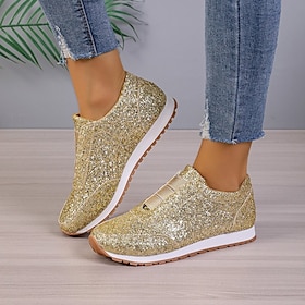 Women's Gold Glitter Slip-On Sneakers  Sparkly Casual Walking Shoes for Fashion  Everyday Wear