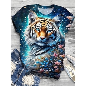 Women's T Shirt Tee Tiger Daily Weekend Custom Print Blue Khaki Print Short Sleeve Fashion Round Neck Regular Fit Summer