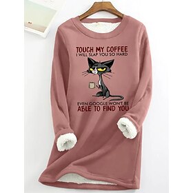 Women's Sweatshirt Pullover Sherpa Fleece Lined Cat Letter Warm Fuzzy Dark Pink Blue Gray Casual Sports Round Neck Long Sleeve Top Micro-elastic Fall Winter