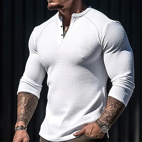 Men's T shirt Tee Waffle Henley Shirt Henley Shirt Tee Top Long Sleeve Shirt Plain Henley Street Vacation Long Sleeve Clothing Apparel Fashion Designer Basic