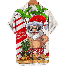 Christmas Shirts Santa Claus Christmas Tree Casual Men's Shirt Outdoor Christmas Street Fall Turndown Short Sleeve Black White Blue S M L