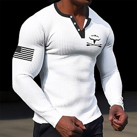 Men's Graphic Cowboy Henley Shirt Waffle T Shirt Long Sleeve 3D Print Fashion Designer Simple Sports Outdoor Holiday Festival Spring Fall Black White Brown G