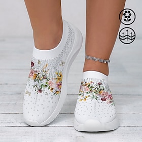 Women's White Floral Knit Slip-On Sneakers  Breathable Lightweight Walking Shoes with Rhinestone Accents for Casual Wear, Travel, and Spring Outfits