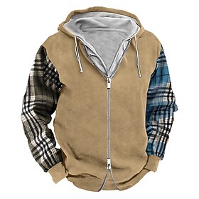 Men's Hoodie Full Zip Sweatshirt Army Green Navy Blue Khaki Dark Gray Hooded Plaid Patchwork Sports Outdoor Daily Holiday Streetwear Cool Casual Spring Fall