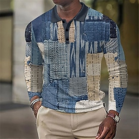 Farbblock Plaid / Karomuster Herren Abstrakt Bedruckt 3D Waffel-Poloshirt Outdoor Casual Strassenmode Waffelstoff Langarm Umlegekragen Polo