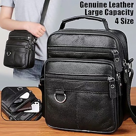 Men's Black Leather Crossbody Messenger Bag  Multi-Pocket Shoulder Bag with Zipper Closure for Work, Travel  Daily Use