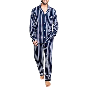 Men's Loungewear Sleepwear Pajama Set Pajama Top and Pant 2 Pieces Stripe Stylish Casual Comfort Home Daily Cotton Blend Comfort Lapel Long Sleeve Shirt Pant D