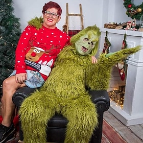 Overall Santa Anzüge Cosplay Kostüme Onesies Weihnachtsmann Grünes Monster pelzig Weihnachten Cosplay-Kostüm für Herren Damen Jungen Mädchen Kinder Erwachsene