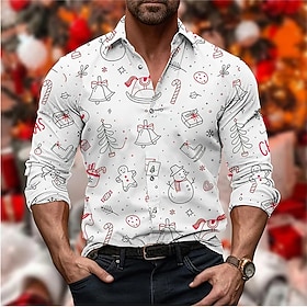 Weihnachtshemden für Herren mit Weihnachtsmotiv und Schneemann-Muster, lässig, kurze Ärmel, für den Alltag, Ausgehen, Herbst, Umlegekragen, Button-Down, schwar
