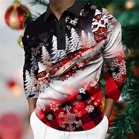 Christmas Tree Men's Casual Print 3D Golf Polo Outdoor Casual Daily Streetwear Polyester Long Sleeve Turndown Polo Shirts Wine Navy Blue Fa