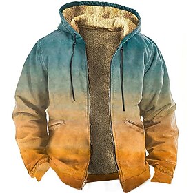 Mens Graphic Hoodie Color Block Prints Daily Classic Casual 3D Jacket Fleece Outerwear Holiday Vacation Going Hoodies Blue Orange Ombre Winter Green Denim