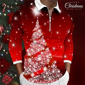 Christmas Tree Men's Casual Print 3D Zip Polo Golf Polo Outdoor Casual Daily Streetwear Polyester Long Sleeve Turndown Zip Polo Shirts Wine