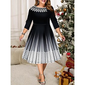 Women's Black Dress Plus Size Party Dress Homecoming Dress Cocktail Dress Midi Dress Red Blue Gold 3/4 Length Sleeve Geometric Print Spring Fall Winter Crew Ne