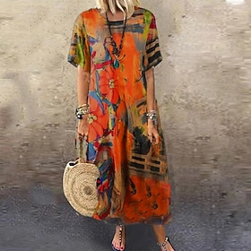 Women's T Shirt Dress Tee Dress Shift Dress Burnt Orange Dress Long Dress Maxi Dress Orange Green Short Sleeve Print Print Spring Summer Crew Neck Vintage Dail