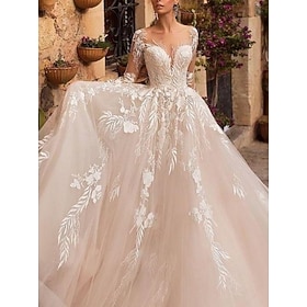 Robe de Mariage de Plage Robes de Mariée Formelles A-Line Décolleté en V Manches Longues Traîne de Cour Tulle Robes de Mariée avec Plis Appliques