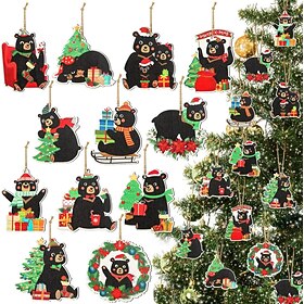 24 Pcs Christmas Bear Wooden Hanging Ornaments Bear Family Ornament Set Wood Hanging Decor for Christmas Tree Decoration Rustic Black Animal Christmas Tree Orn