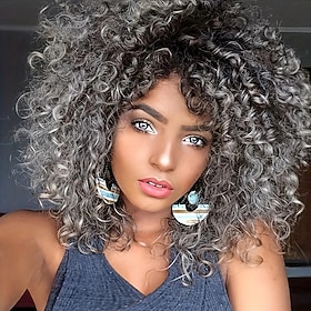 12 Inch Ombre Gray Afro Short Curly Wigs For Women Kinky Curly Wigs Heat Resistant Synthetic Hair Wigs For Daily Party Halloween Use