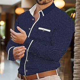 Herren Hemd Sommerhemd Oberhemd Knopfhemd Lässiges Hemd Weiß Wein Marineblau Langarm Geometrisch Kargen Täglich Urlaub Patchwork Bekleidung Modisch Brautkleide