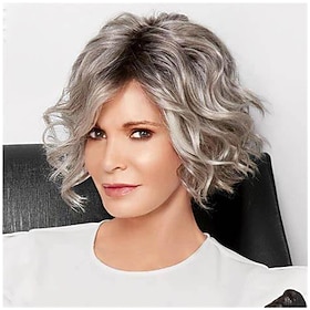 Short Wavy Wig Ombre Grey Mixed Brown Curly Bob Wigs for Women Chin Length Gray Layered Wavy Bob Wig with Dark Roots Natural Looking Synthetic Wigs for Ladies