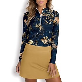 Women's Golf Polo Shirt Navy Blue Long Sleeve Sun Protection Top Floral Fall Winter Ladies Golf Attire Clothes Outfits Wear Apparel