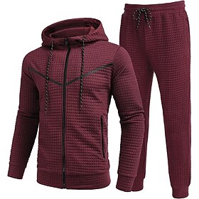 Men's Hoodie Tracksuit Sweatsuit Jogging Suits Black White Wine Army Green Khaki Hooded Plain 2 Piece Sports Outdoor Daily Holiday Streetwear Cool Casual Spri
