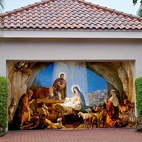 Christmas Outdoor Garage Door Cover Nativity Scene Jesus Xmas Door Banner Party Large Door Mural Christmas Backdrop Decoration for Holiday Home Wall Decoration