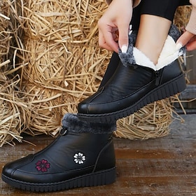 Women's Boots Snow Boots Combat Boots Outdoor Work Daily Floral Fleece Lined Booties Ankle Boots Flat Heel Round Toe Vintage Fashion Casual Faux Leather Zipper