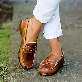 Women's Classic Brown Faux Leather Loafers  Comfortable Slip-On Driving Shoes with Hand-Stitched Detailing for Casual and Formal Wear