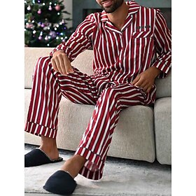 Men's Loungewear Sleepwear Pajama Set Pajama Top and Pant 2 Pieces Stripe Stylish Casual Comfort Home Daily Bed Cotton Blend Comfort Soft Lapel Long Sleeve Shi