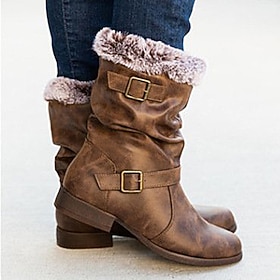 Women's Boots Snow Boots Waterproof Boots Plus Size Outdoor Daily Fleece Lined Mid Calf Boots Zipper Wedge Heel Round Toe Elegant Vacation Vintage Faux Leather