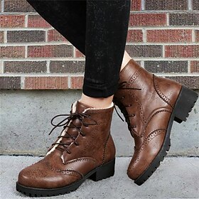 Women's Boots Combat Boots Brogue Plus Size Office New Year Daily Cut-out Booties Ankle Boots Lace-up Flat Heel Round Toe Elegant Plush Casual Faux Leather Bla