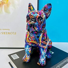 Graffiti French Bulldog Sculpture Animal Dog Statue Art Figurine Home Decoration for Living Room Bedroom Book Shelf TV Cabinet Desktop Decor Table Centerpieces