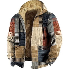 Mens Graphic Hoodie Plaid Color Block Prints Daily Classic Casual 3D Jacket Fleece Outerwear Holiday Vacation Going Hoodies Blue Winter Brown Wool