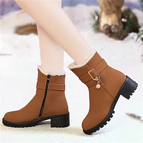 Women's Boots Snow Boots Winter Boots Party Outdoor Daily Fleece Lined Mid Calf Boots Booties Ankle Boots Rhinestone Buckle Block Heel Round Toe Vacation Vinta