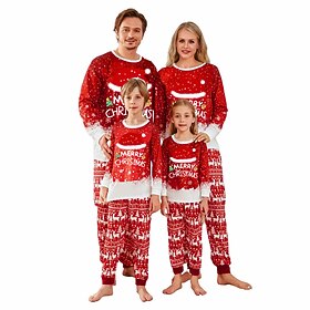 Family Pajamas Cartoon Letter Striped Home Print Red Long Sleeve Mommy And Me Outfits Active Matching Outfits