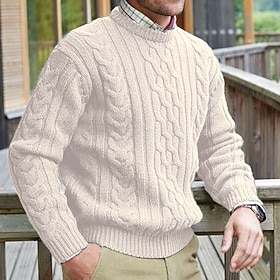 Men's Sweater Dress Sweater Pullover Sweater Jumper Pullover Cable Cable Knit Knit Classic Style Knitted Plain Crew Neck Classic Timeless Keep Warm Vacation D