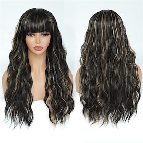 Long Wavy Wig with Bangs Highlight Honey Blonde Ocean Wavy Synthetic Bang wig Full Machine Wig with Bangs Cosplay Party Bang Wig for Women Beginner Friendly No