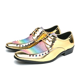 Men's Oxfords Bling Bling Shoes Derby Shoes Rivet Dress Shoes Metallic Shoes Walking Business British Wedding Party  Evening PU Slip Resistant Lace-up Gold Fal