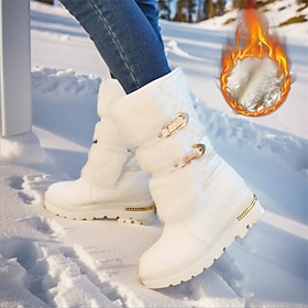 Women's Boots Snow Boots Plus Size Comfort Shoes Daily Solid Color Fleece Lined Mid Calf Boots Winter Buckle Embroidery Flat Heel Round Toe Plush Comfort Minim