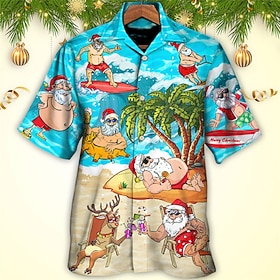 Christmas Men's Santa Claus Printed Shirts Santa Claus Tree Hawaiian Casual Outdoor Street Fall Turndown Short Sleeve Blue S M L Shirt
