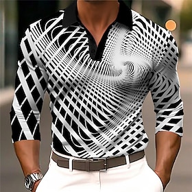 Optical Illusion Men's Abstract Print 3D Golf Polo Outdoor Casual Daily Streetwear Polyester Long Sleeve Turndown Polo Shirts White Blue Fa